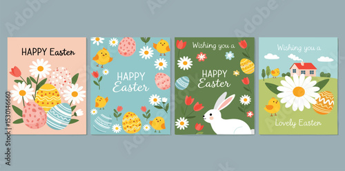 Wallpaper Mural Happy Easter banner. Trendy Easter design with typography, hand painted strokes and dots, eggs and bunny in pastel colors. Modern minimal style. Horizontal poster, greeting card, header for Torontodigital.ca