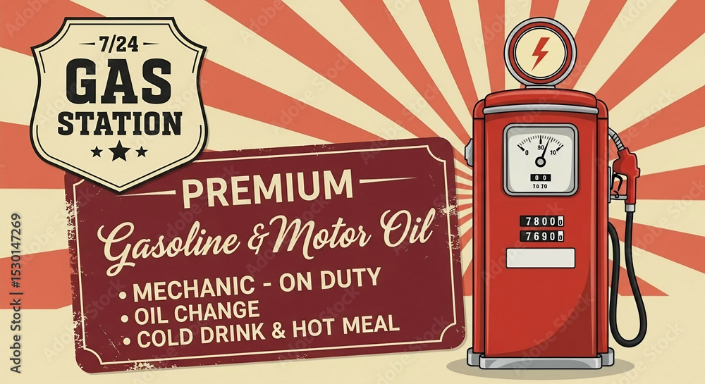 Obraz premium Retro poster design template for gas station. Retro poster design for gas pump. Gas station, motor oil and gasoline.
