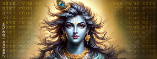 Wallpaper Mural Krishna Ji Close up Pose with Big Hairs and Radhe Radhe Written in Background  Torontodigital.ca