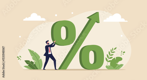 Interest rate, tax or VAT increase, loan and mortgage rate upward trend, investment profit or dividend rising up concept, businessman banker, FED or government put upward arrow on percentage symbol.