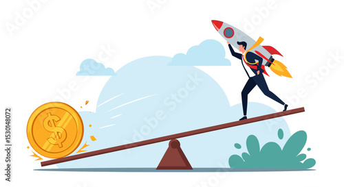 Economic stimulus money, central bank inject money to boost business and recover from Coronavirus COVID-19 crisis, big money dollar coin fall on seesaw to boost other side businessman with rocket