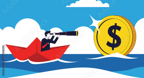 Financial planning target, vision and strategy for financial freedom or retirement saving goal concept, businessman salary man investor riding the boat using telescope to see far golden money coin. 