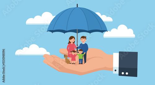 Life insurance, family protection to assure members will be financially supported and risk cover concept, lovely family with husband, wife and kids in supporting hand with umbrella cover protection.