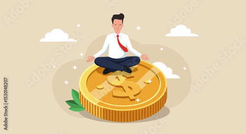 Financial guru or expert, behavioral finance mindfulness for wealth management, money and investment advisor concept, smart businessman meditate and floating on big golden money dollar coin. 