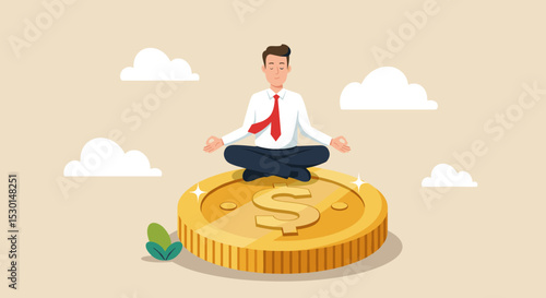 Financial guru or expert, behavioral finance mindfulness for wealth management, money and investment advisor concept, smart businessman meditate and floating on big golden money dollar coin. 