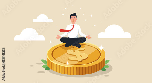Financial guru or expert, behavioral finance mindfulness for wealth management, money and investment advisor concept, smart businessman meditate and floating on big golden money dollar coin. 
