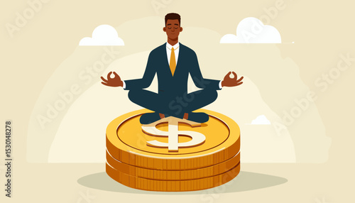 Financial guru or expert, behavioral finance mindfulness for wealth management, money and investment advisor concept, smart businessman meditate and floating on big golden money dollar coin. 