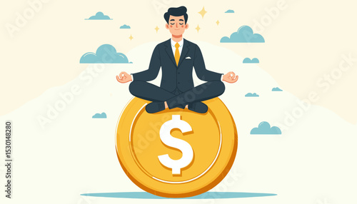 Financial guru or expert, behavioral finance mindfulness for wealth management, money and investment advisor concept, smart businessman meditate and floating on big golden money dollar coin. 