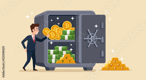 Alternative financial assets, crypto currency bitcoin, cash and gold for investment retirement plan concept, businessman investor standing with security safe with full of cash, gold and bitcoin inside