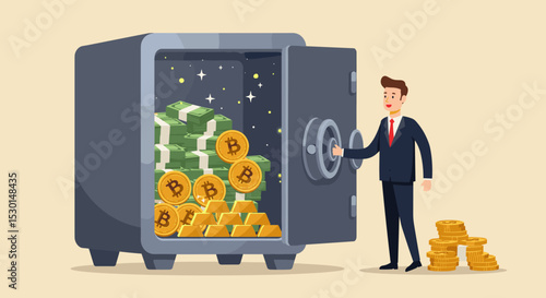 Alternative financial assets, crypto currency bitcoin, cash and gold for investment retirement plan concept, businessman investor standing with security safe with full of cash, gold and bitcoin inside