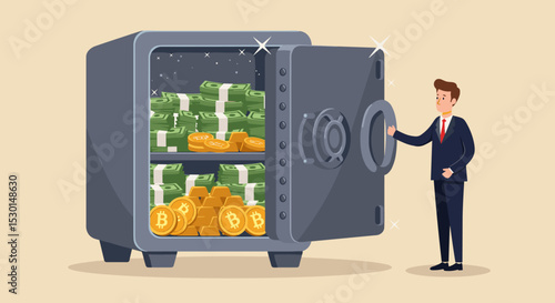 Alternative financial assets, crypto currency bitcoin, cash and gold for investment retirement plan concept, businessman investor standing with security safe with full of cash, gold and bitcoin inside