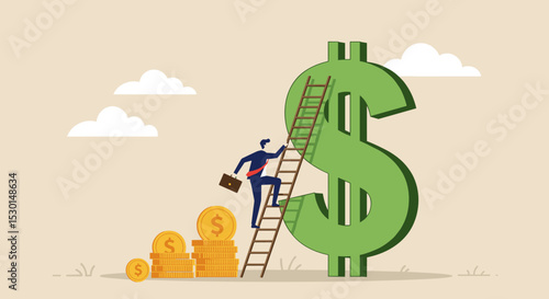 Money ladder to achieve financial independent goal, challenge to reach investment target or wealth planning strategy concept, businessman starting to climb up ladder to the top of money dollar sign.