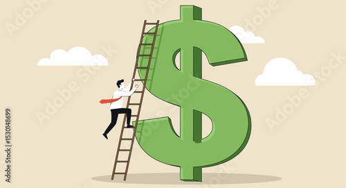 Money ladder to achieve financial independent goal, challenge to reach investment target or wealth planning strategy concept, businessman starting to climb up ladder to the top of money dollar sign.
