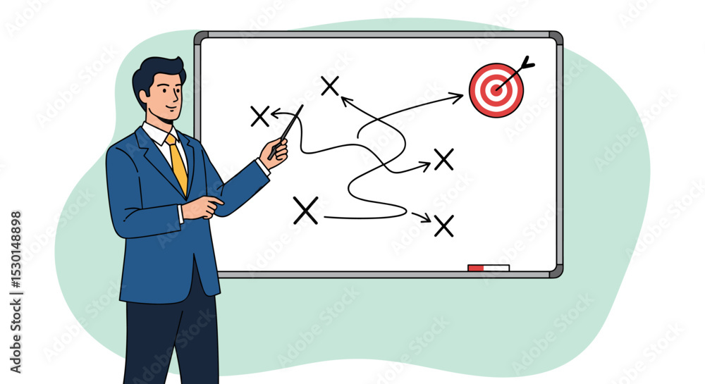 Business strategy planning, marketing tactic or winning strategy to achieve target, project blocker and solution to be success concept, smart businessman presenting business strategy on whiteboard. Business strategy planning, marketing tactic or winning strategy to achieve target, project blocker and solution to be success concept, smart businessman presenting business strategy on whiteboard.
