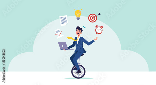 Productive master, productivity and project management skill, multitasking work and time management concept, skillful businessman riding unicycle juggling elements, laptop, calendar, ideas and emails.