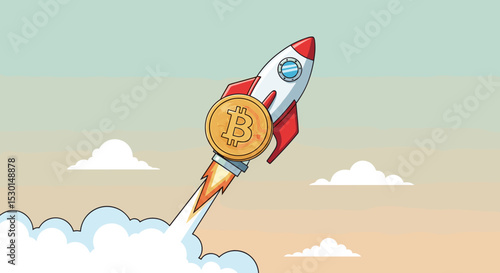 Bitcoin price skyrocket hit record high, cryptocurrency investor got rich with growth high value trading concept, speedy rocket ship holding bitcoin physical coin flying high through space cloud.