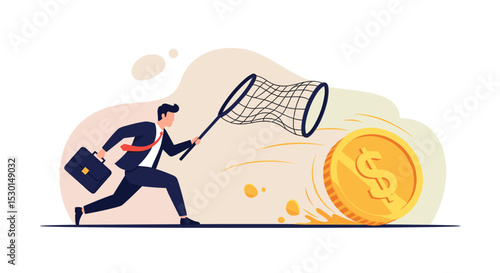 Chasing high performance active mutual fund, buying rising star stock or funds, catch or grab hot ETFs concept, businessman investor run chasing try to catch high performance attractive dollar coin. 