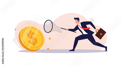 Chasing high performance active mutual fund, buying rising star stock or funds, catch or grab hot ETFs concept, businessman investor run chasing try to catch high performance attractive dollar coin. 