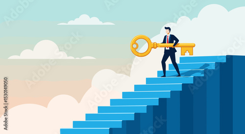 Key to business success, stairway to find secret key or achieve career target concept, businessman winner walk up to top of stairway lifting golden success key to the sky. 