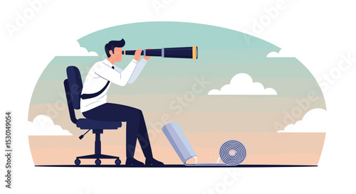 Career future, new job opportunity or visionary to success in work concept, businessman riding office chair using telescope to see future and the way forward. 