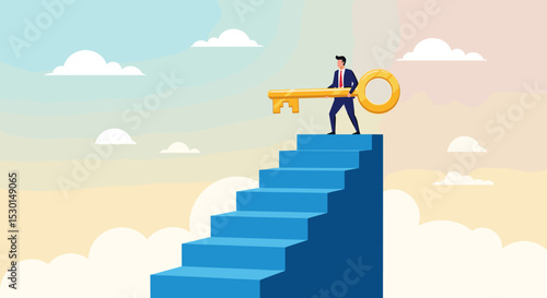 Key to business success, stairway to find secret key or achieve career target concept, businessman winner walk up to top of stairway lifting golden success key to the sky. 