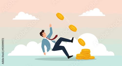Financial mistake losing money, investment risk or trading failure, debt and loan, cost and expense problem concept, clumsy businessman investor fall on slippery floor losing all money dollar coins.