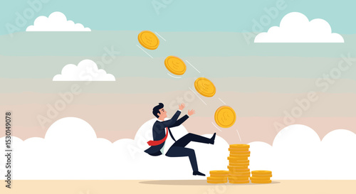 Financial mistake losing money, investment risk or trading failure, debt and loan, cost and expense problem concept, clumsy businessman investor fall on slippery floor losing all money dollar coins.