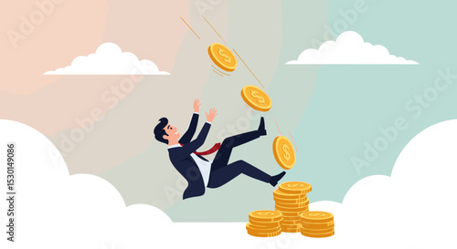 Financial mistake losing money, investment risk or trading failure, debt and loan, cost and expense problem concept, clumsy businessman investor fall on slippery floor losing all money dollar coins.
