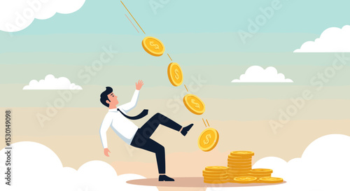 Financial mistake losing money, investment risk or trading failure, debt and loan, cost and expense problem concept, clumsy businessman investor fall on slippery floor losing all money dollar coins.
