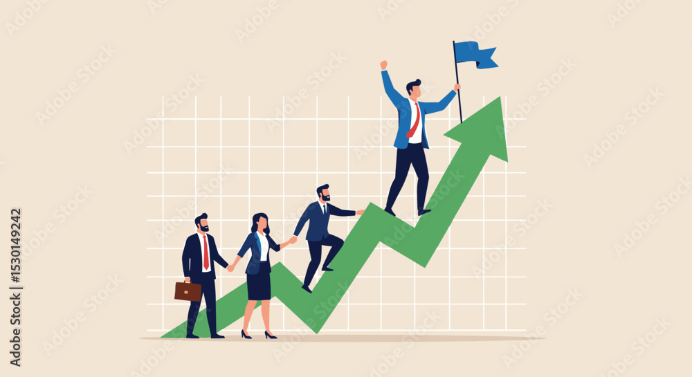Teamwork cooperate together to achieve target, leadership to build team walking up rising growth arrow, career development concept, businessman leader holding hand with employee walking up arrow graph Teamwork cooperate together to achieve target, leadership to build team walking up rising growth arrow, career development concept, businessman leader holding hand with employee walking up arrow graph