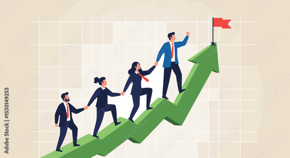 Fototapeta premium Teamwork cooperate together to achieve target, leadership to build team walking up rising growth arrow, career development concept, businessman leader holding hand with employee walking up arrow graph