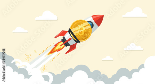 Bitcoin price skyrocket hit record high, cryptocurrency investor got rich with growth high value trading concept, speedy rocket ship holding bitcoin physical coin flying high through space cloud.