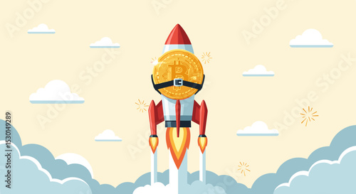 Bitcoin price skyrocket hit record high, cryptocurrency investor got rich with growth high value trading concept, speedy rocket ship holding bitcoin physical coin flying high through space cloud.