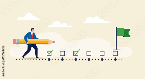 Project tracking, goal tracker, task completion or checklist to remind project progress concept, businessman project manager holding big pencil to check completed tasks in project management timeline.