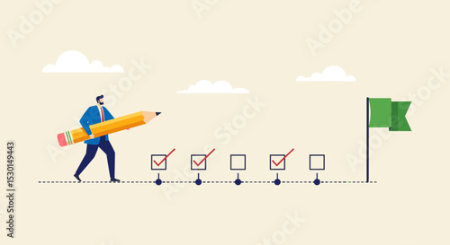 Project tracking, goal tracker, task completion or checklist to remind project progress concept, businessman project manager holding big pencil to check completed tasks in project management timeline.