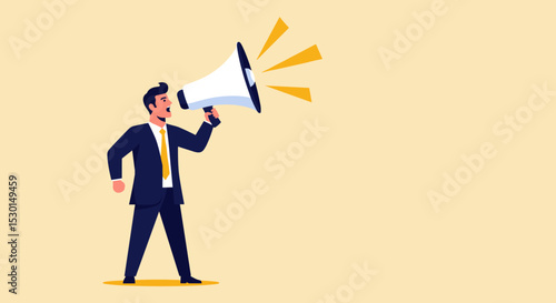 Business shout out, speaking out loud to communicate with co-worker or draw attention and announce promotion concept, confidence young businessman using megaphone speak out loud to be heard in public.