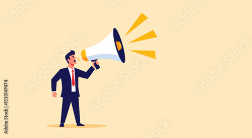 Business shout out, speaking out loud to communicate with co-worker or draw attention and announce promotion concept, confidence young businessman using megaphone speak out loud to be heard in public.