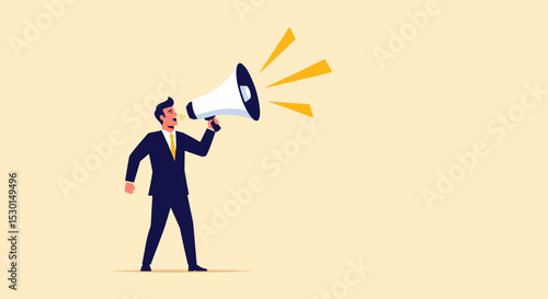 Business shout out, speaking out loud to communicate with co-worker or draw attention and announce promotion concept, confidence young businessman using megaphone speak out loud to be heard in public.