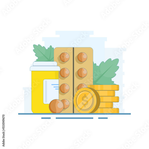 Medical health care budget cost concept, medical money financial budget cost. high health care, pill medicine package. health care pharmacy cost. flat design illustration on background.