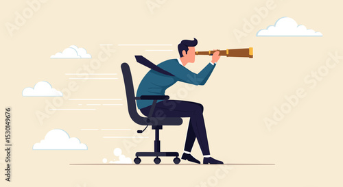 Career future, new job opportunity or visionary to success in work concept, businessman riding office chair using telescope to see future and the way forward. 