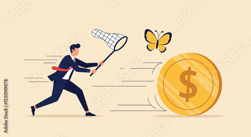 Chasing high performance active mutual fund, buying rising star stock or funds, catch or grab hot ETFs concept, businessman investor run chasing try to catch high performance attractive dollar coin. 