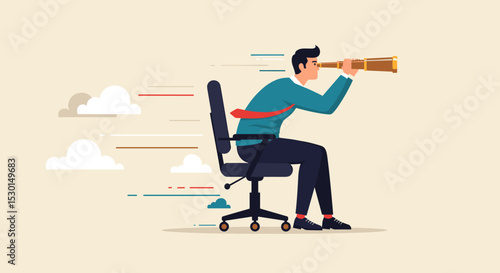 Career future, new job opportunity or visionary to success in work concept, businessman riding office chair using telescope to see future and the way forward. 