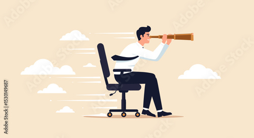 Career future, new job opportunity or visionary to success in work concept, businessman riding office chair using telescope to see future and the way forward. 