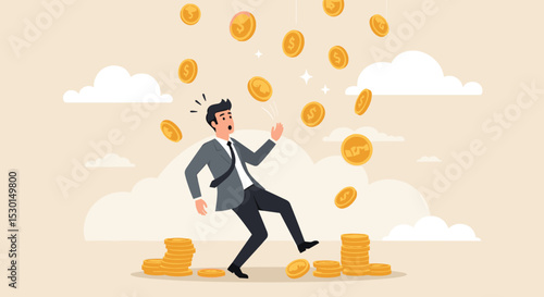 Financial mistake losing money, investment risk or trading failure, debt and loan, cost and expense problem concept, clumsy businessman investor fall on slippery floor losing all money dollar coins.