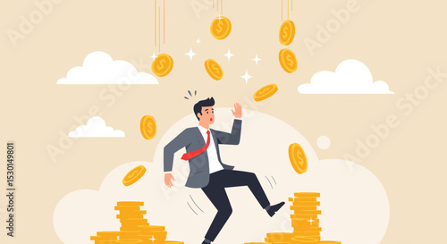 Financial mistake losing money, investment risk or trading failure, debt and loan, cost and expense problem concept, clumsy businessman investor fall on slippery floor losing all money dollar coins.