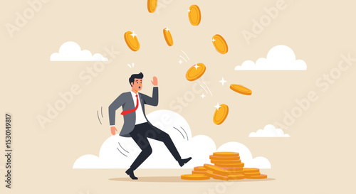 Financial mistake losing money, investment risk or trading failure, debt and loan, cost and expense problem concept, clumsy businessman investor fall on slippery floor losing all money dollar coins.