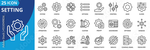 setting icon set collection in outline style. an icon pack contain system , config, tool, options, preference, control, gear, slider, operation, modify