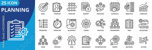 planning icon set collection in outline style. an icon pack contain goal, strategy, timeline, budget, resource, schedule, objective, forecast, prioritize, deadline