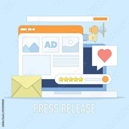 Concept of press release and digital news publishing. Online news and media, Marketing online press media to a wider audience. Online news publishing, Online advertising campaigns.