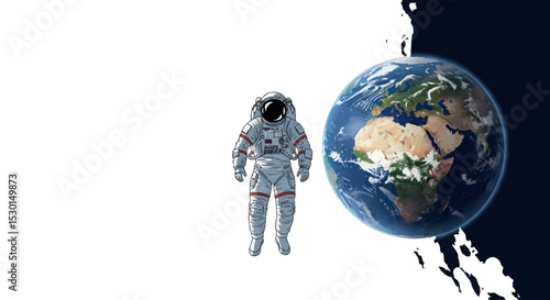 Cartoon Astronaut Floating in Space with Earth in Background – Mixed Media Illustration